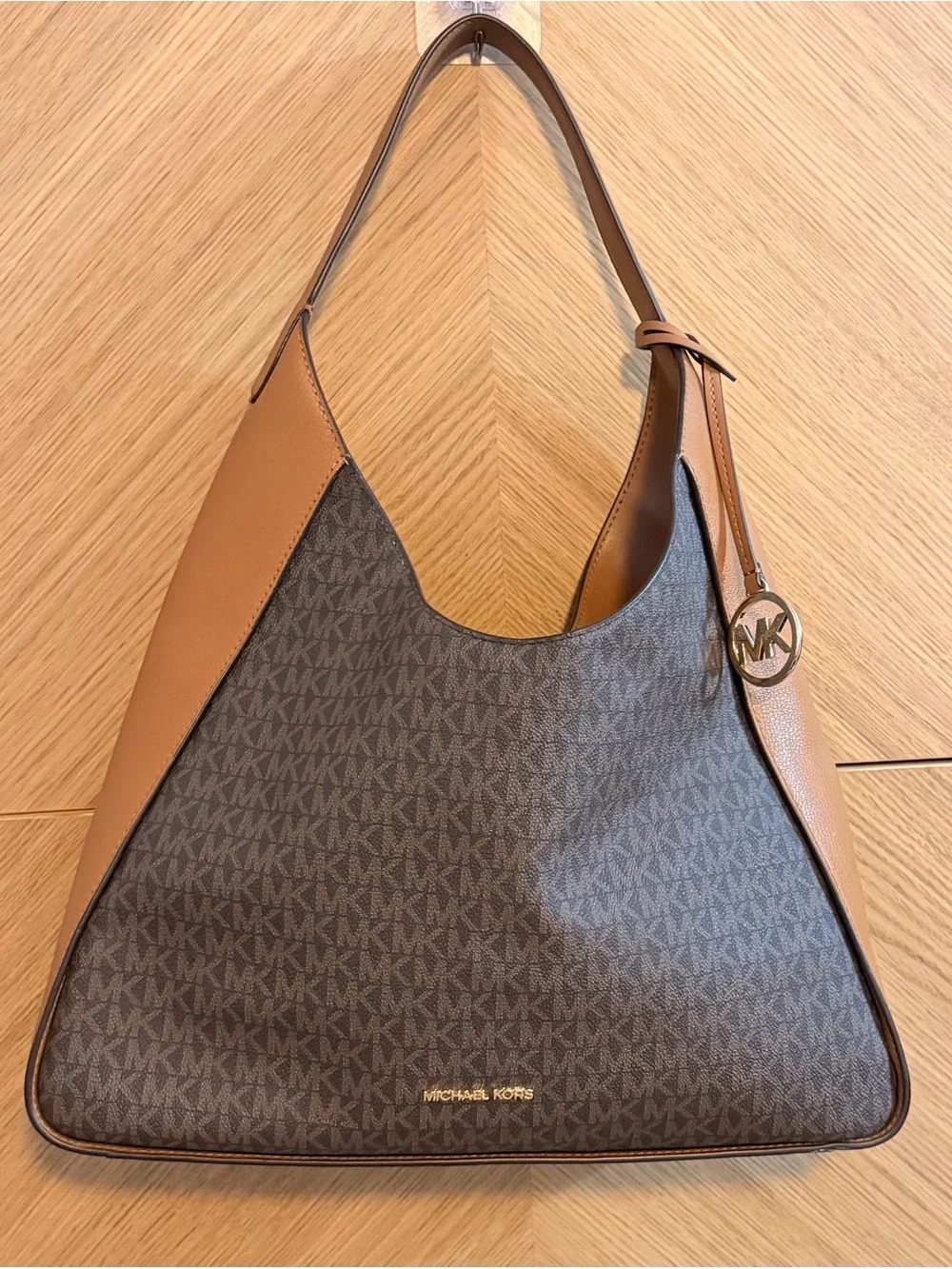 Michael Kors Brown MK Monogram Hobo with Tan Leather Accents